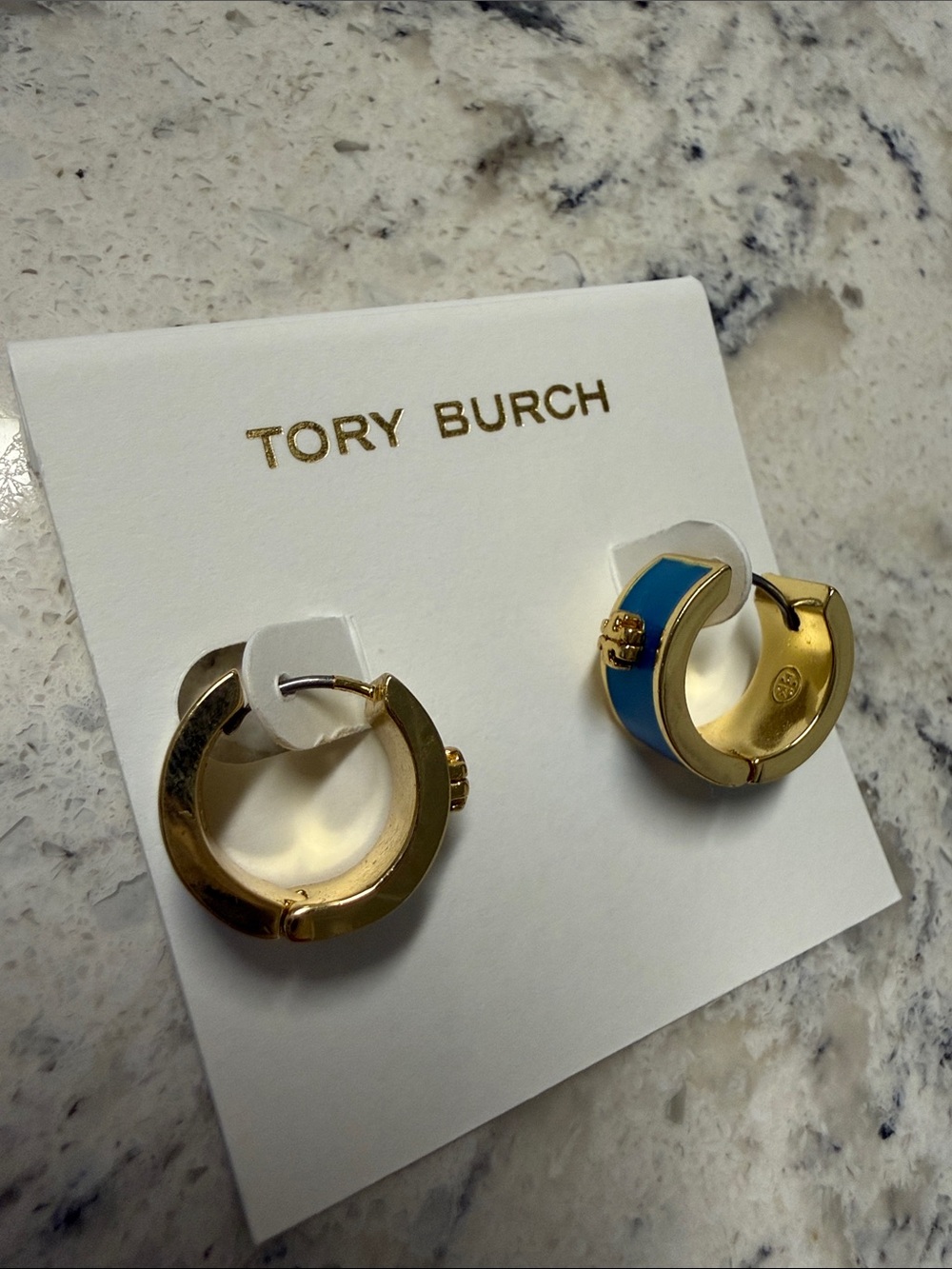 Tory Burch Gold Hoop Earrings with blue Accent